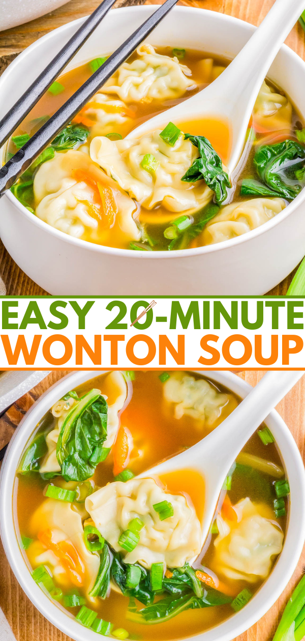 Bowl of wonton soup with chopsticks, featuring dumplings, spinach, and spring onions in broth. Text reads 