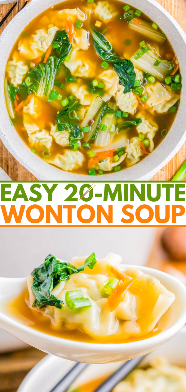 Bowl of wonton soup with vegetables, and a close-up of a wonton on a spoon. 