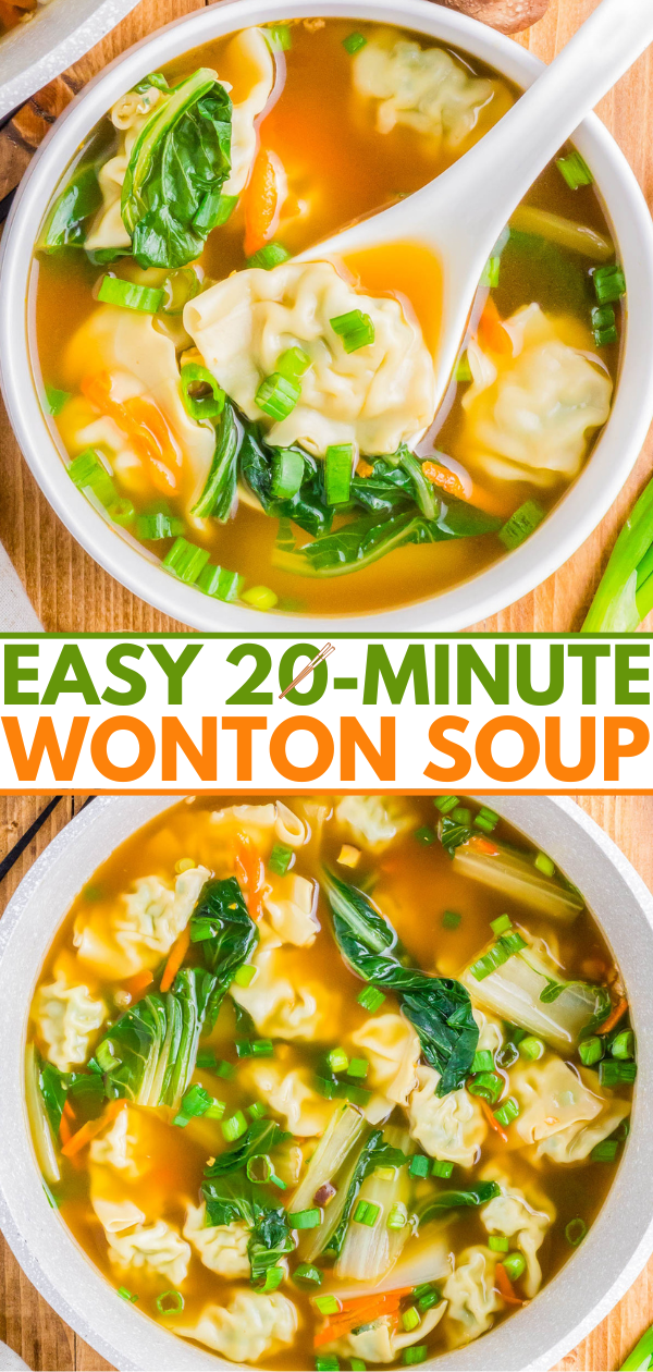 Bowl of wonton soup with dumplings, spinach, and green onions. 