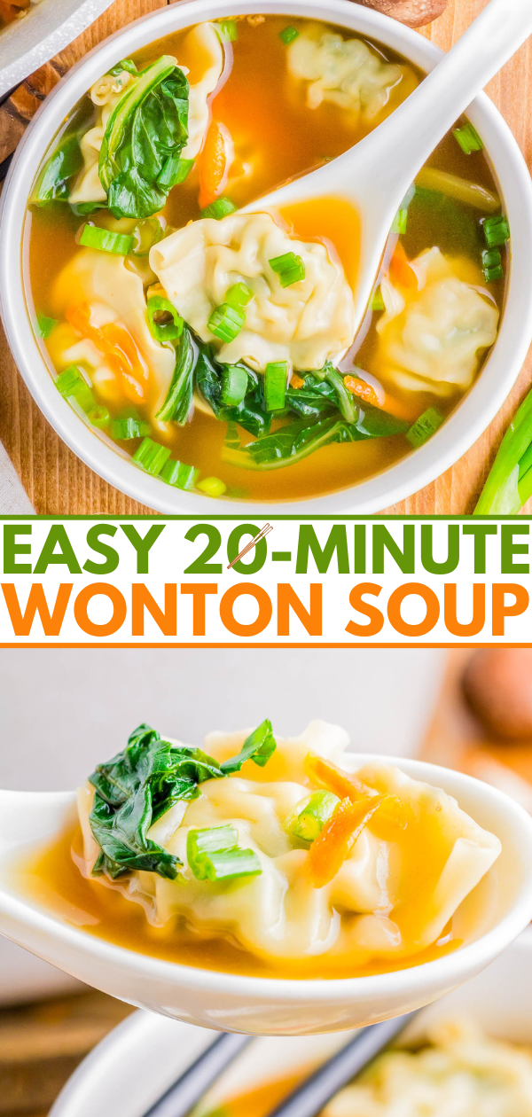 Bowl of wonton soup with pieces of greens and a spoon, alongside text: 