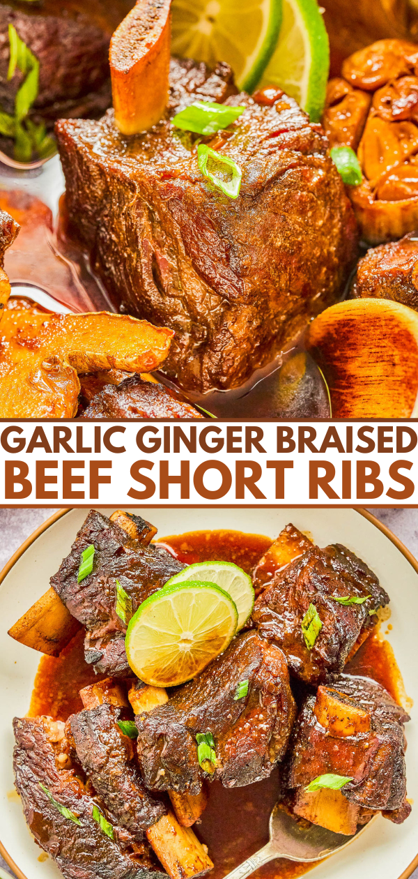 Close-up of garlic ginger braised beef short ribs garnished with lime slices, green onions, and served with sauce.