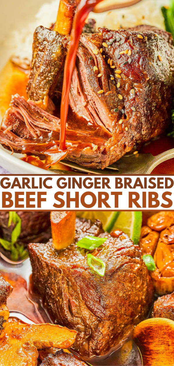 Close-up of two images showing braised beef short ribs. The top image shows sauce being poured over a rib, while the bottom image highlights cooked ribs garnished with green onions.