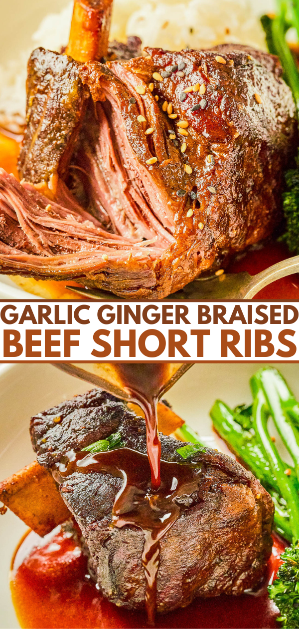 Garlic ginger braised beef short ribs with a glossy sauce, served with vegetables.