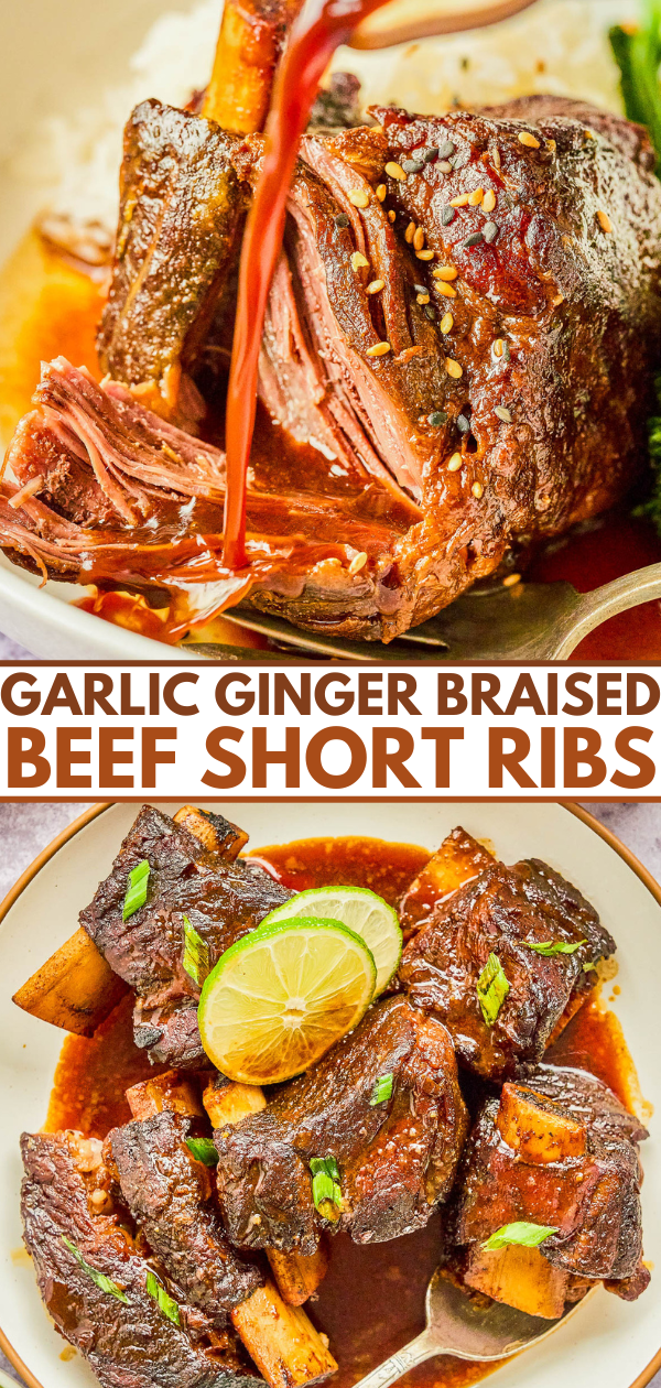 Close-up of garlic ginger braised beef short ribs with sauce pouring over them. A separate dish features ribs garnished with green onions and a lime slice.