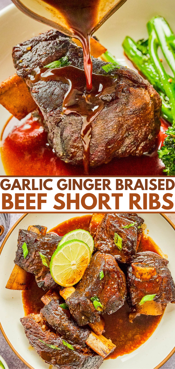 Close-up of garlic ginger braised beef short ribs with sauce being poured over and served with greens, garnished with lime slices and scallions.