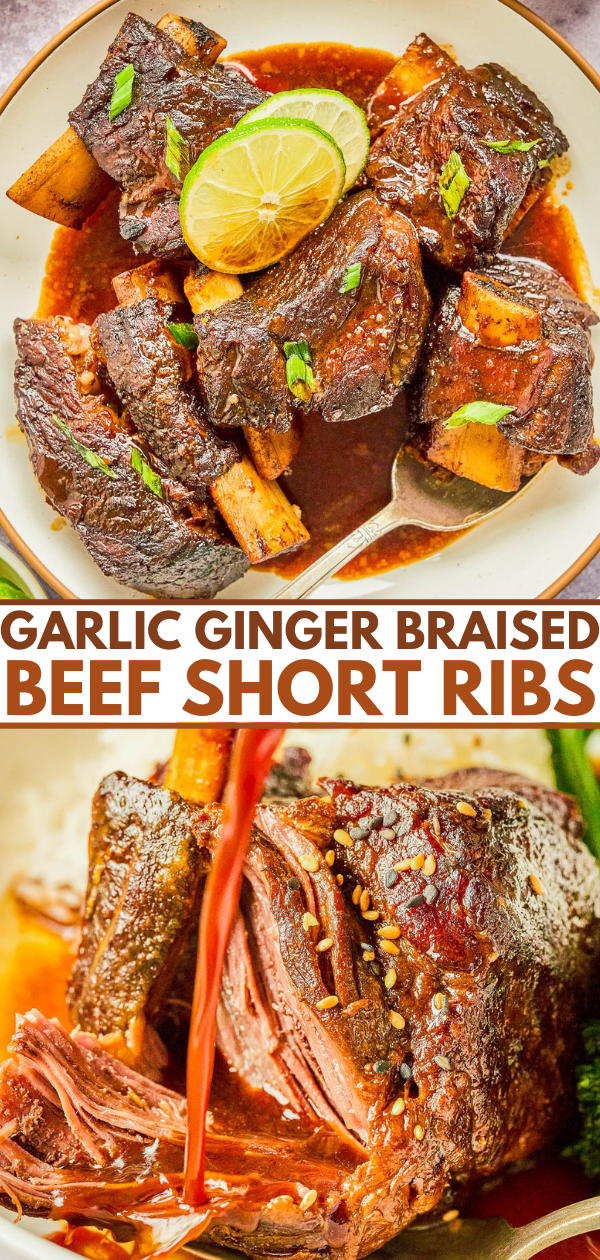 A plate of garlic ginger braised beef short ribs garnished with lime slices and green onions. A close-up below shows the tender meat in sauce. Text reads: