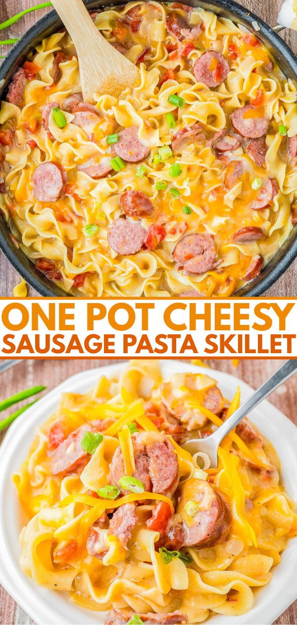 A skillet of cheesy sausage pasta garnished with green onions, and a close-up of a serving in a white bowl with a fork.