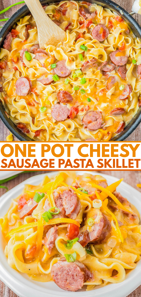 A skillet filled with cheesy pasta, sliced sausage, tomatoes, and green onions; a serving of the dish on a white plate below.