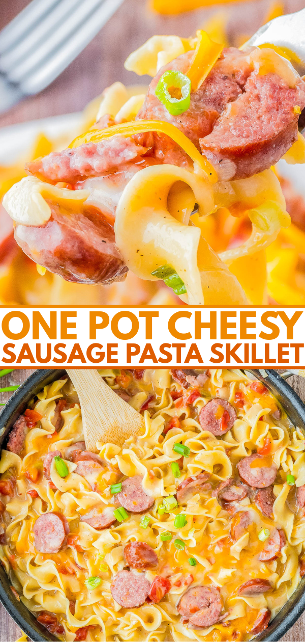 Close-up of a forkful and a skillet of cheesy sausage pasta with noodles, sliced sausage, melted cheese, and chopped green onions, with a wooden spoon in the skillet.
