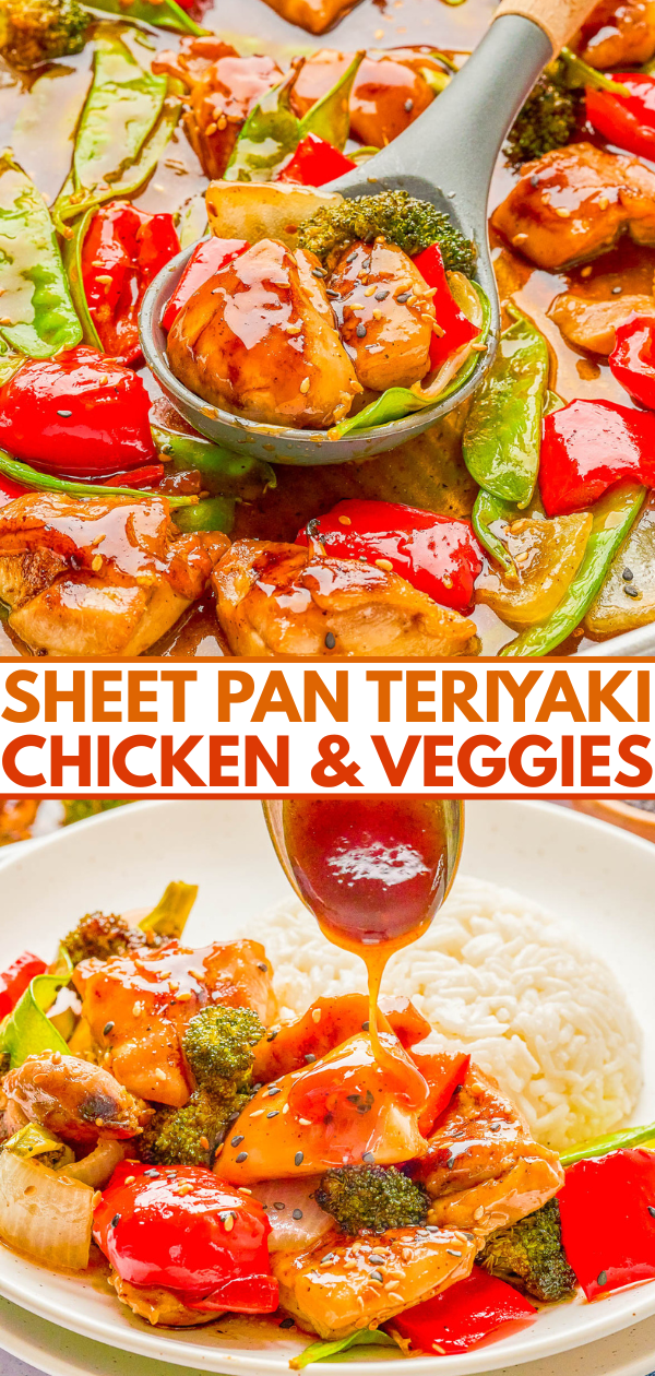 Sheet pan teriyaki chicken and veggies with bell peppers, broccoli, and snow peas, served with sauce over rice.