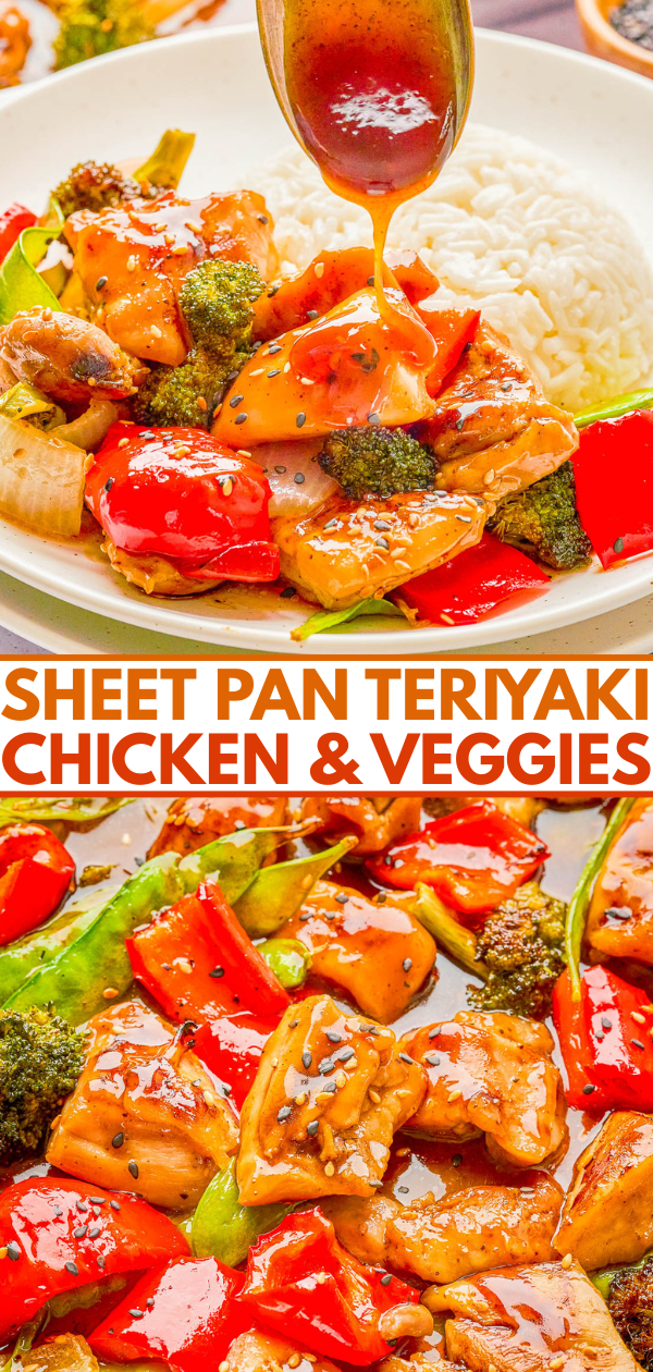 Sheet pan with teriyaki chicken and vegetables, including bell peppers, broccoli, and onions, served with rice, topped with sauce drizzle.