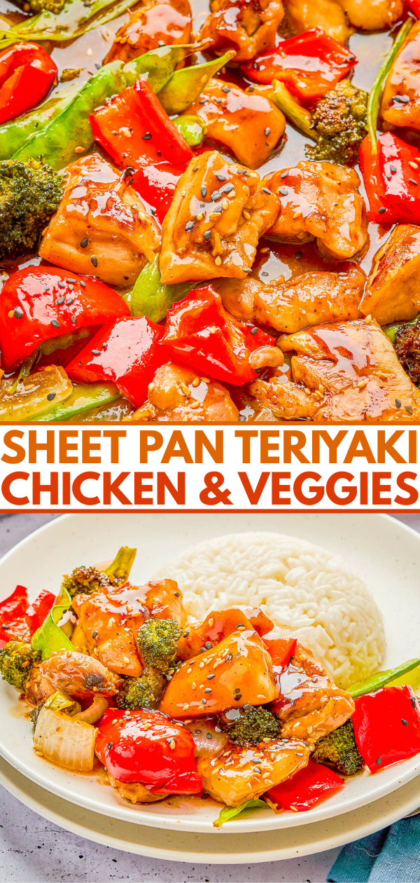 Sheet pan teriyaki chicken with broccoli, red peppers, snap peas, and sesame seeds served with white rice.