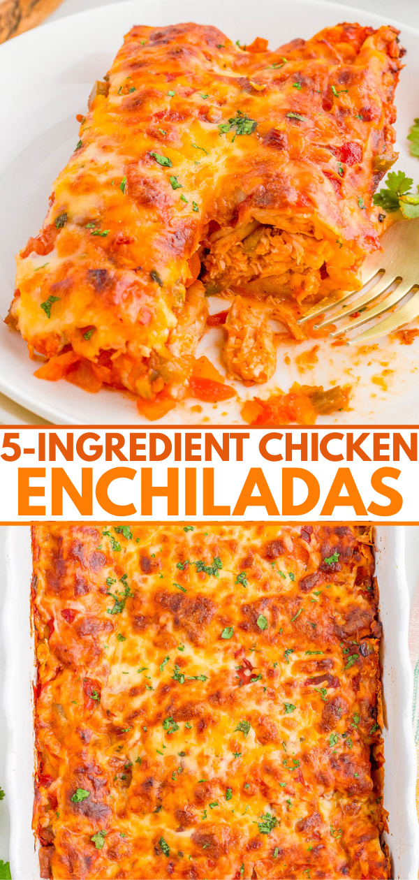 A serving of cheesy chicken enchiladas on a plate with a fork, and a casserole dish filled with baked enchiladas. Text reads: