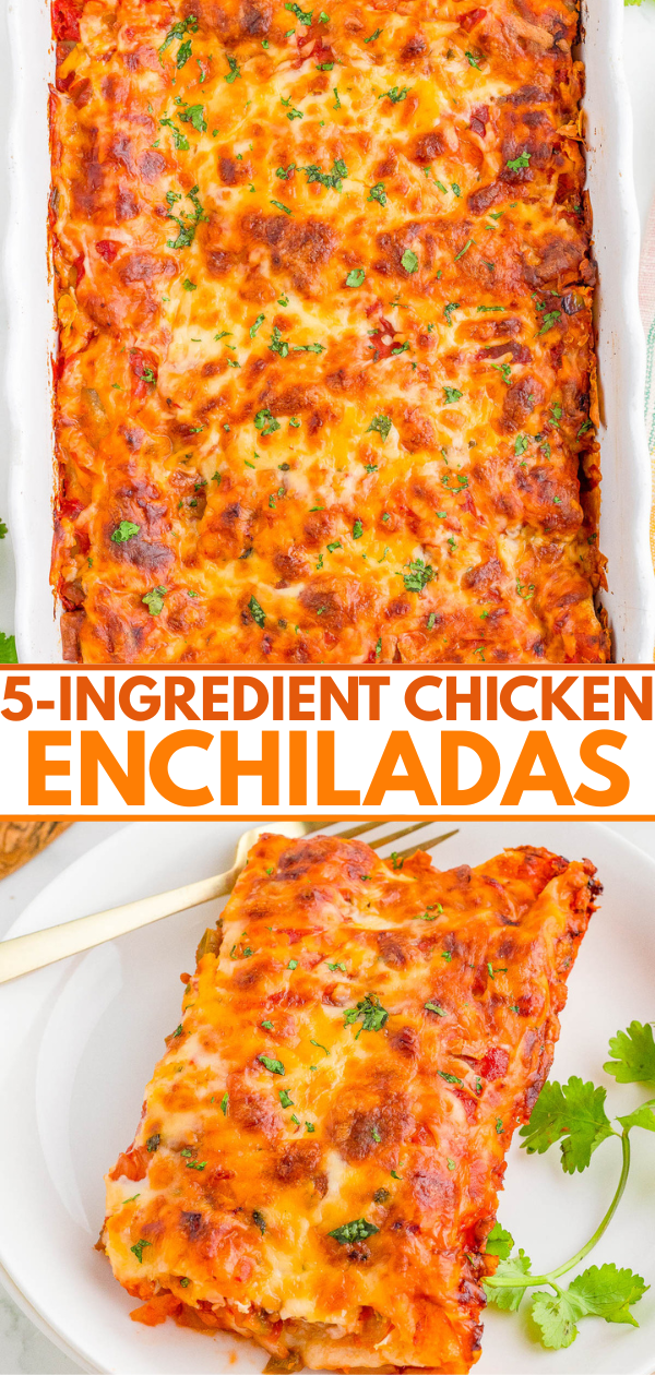 A baking dish and plate with cheesy baked chicken enchiladas, garnished with herbs. Text overlay reads: