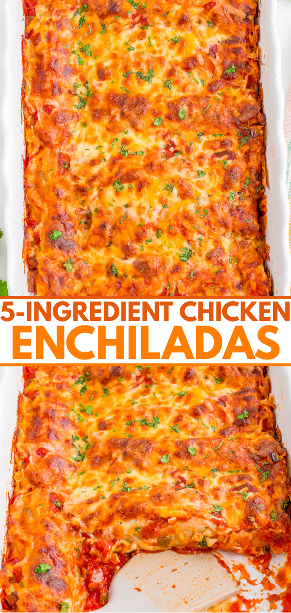 A baking dish filled with cheesy, baked chicken enchiladas, with one enchilada removed; text reads