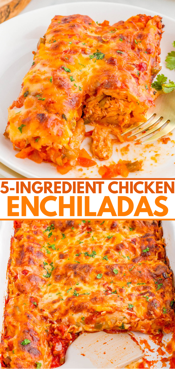 Close-up of cheesy baked chicken enchiladas on a white plate with a fork, with text reading