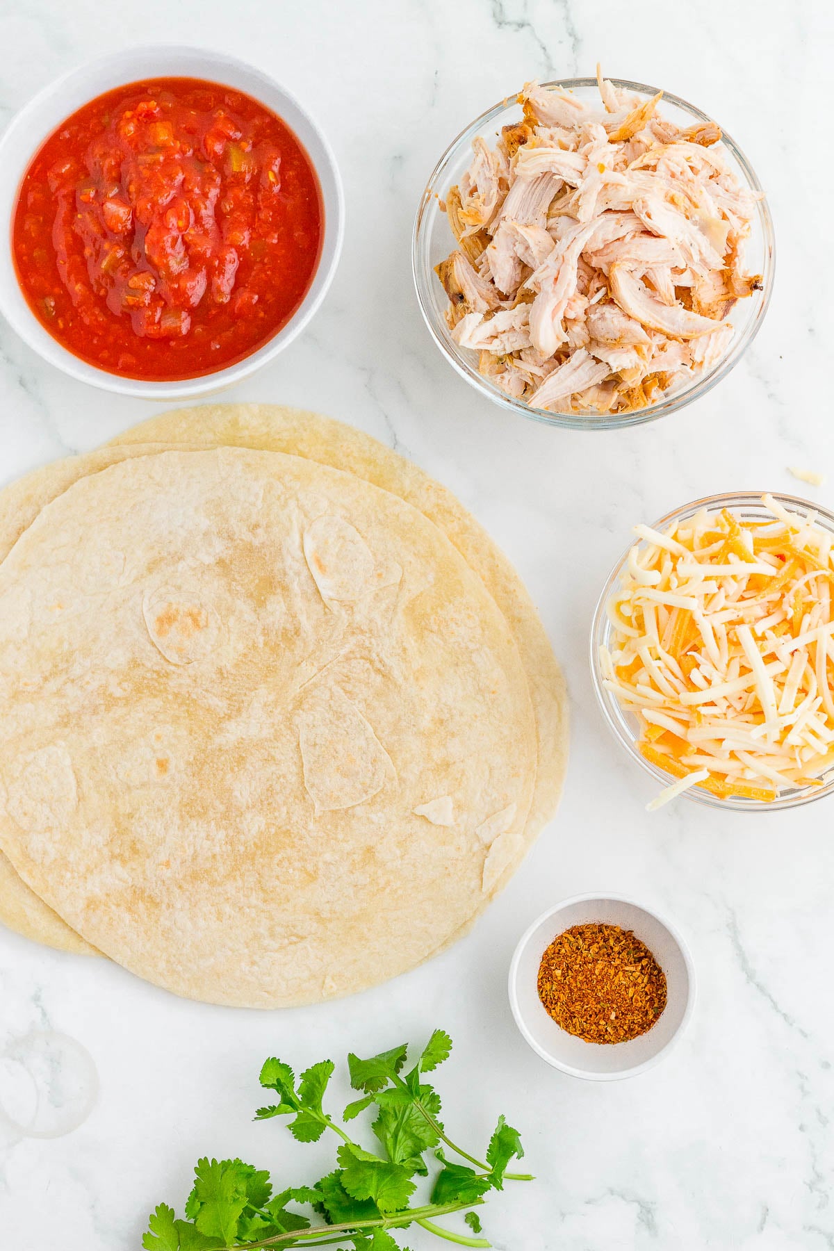 Bowls of shredded chicken, salsa, grated cheese, a stack of tortillas, taco seasoning, and cilantro are arranged on a white surface.
