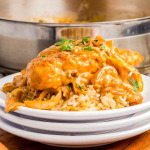A serving of creamy chicken with sauce and herbs over rice on a white plate, with a pan of the same dish in the background.
