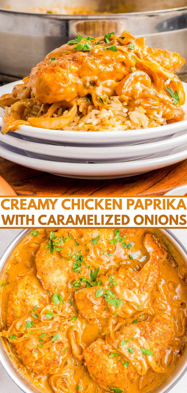 A plate of creamy chicken paprika with caramelized onions served over rice, with a pan of the same dish garnished with herbs in the background.