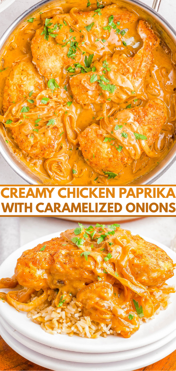 A pan of creamy chicken paprika with caramelized onions, served over rice on a white plate, garnished with chopped herbs.