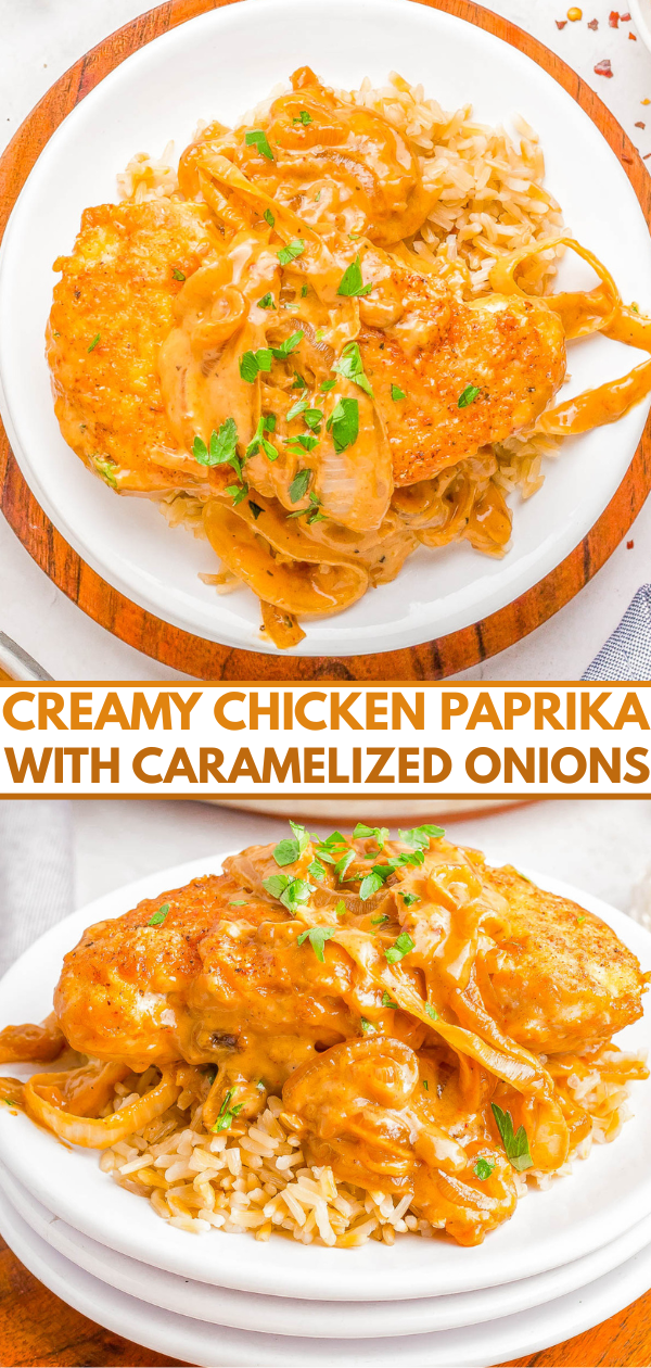 Two plates of creamy chicken paprika with caramelized onions served over rice, garnished with chopped herbs.