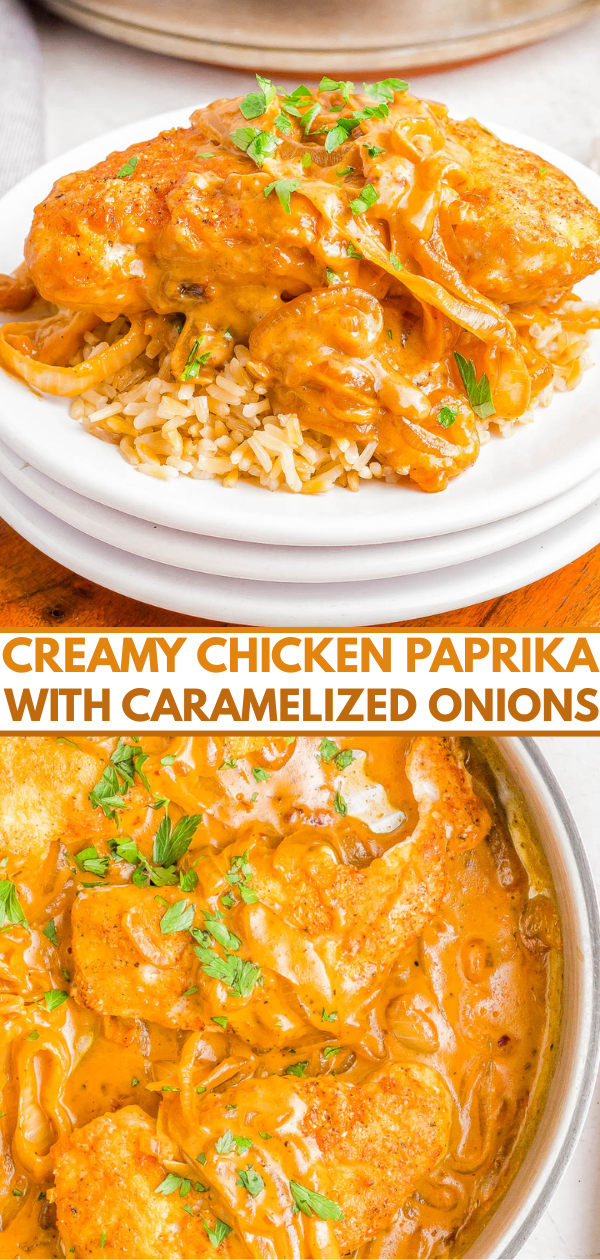 Chicken paprika with caramelized onions served over rice, garnished with chopped parsley; shown plated and in the cooking pan.