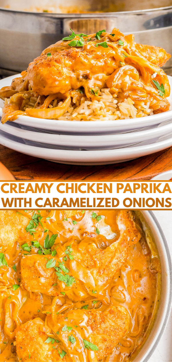 A plate of creamy chicken paprika with caramelized onions is served over rice, garnished with chopped parsley, with extra chicken in sauce shown in a pan.
