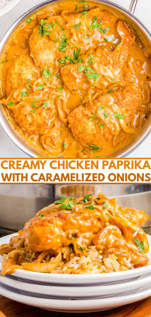 A skillet of creamy chicken paprika with caramelized onions, garnished with parsley, and served over rice on a plate.