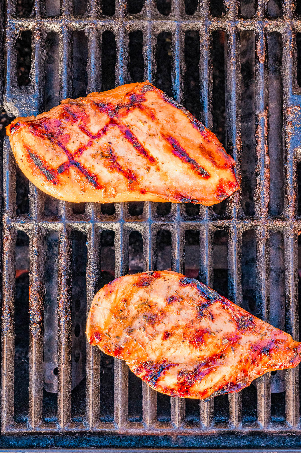 Two pieces of grilled chicken breast with visible grill marks cooking on a metal barbecue grill grate.
