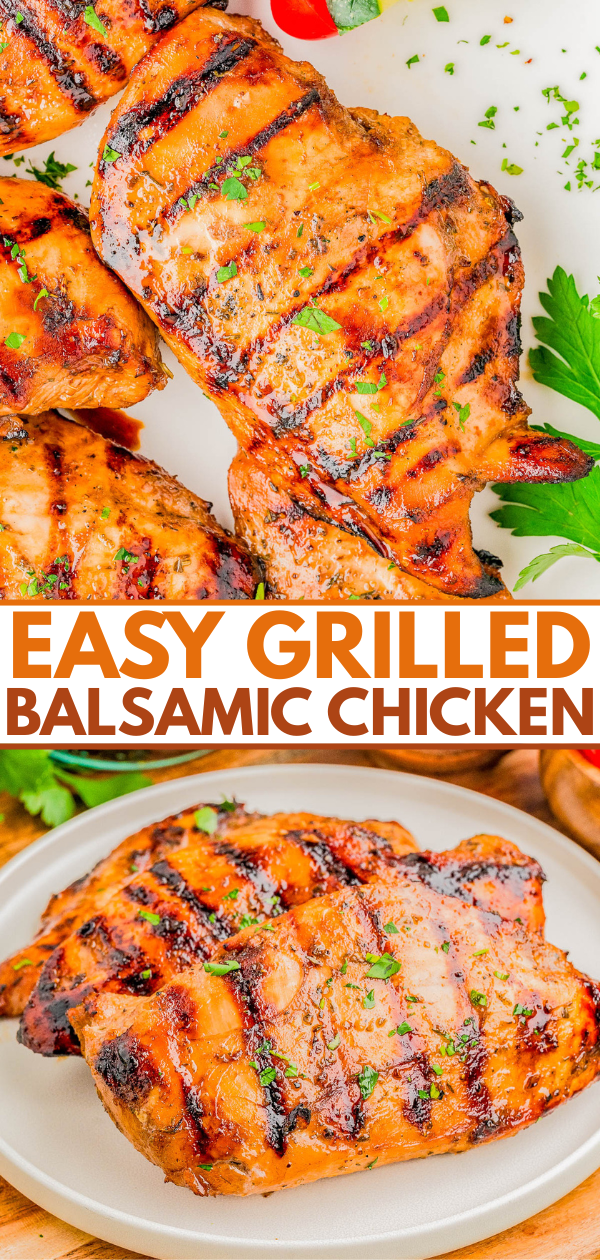 Grilled chicken breasts with dark grill marks, garnished with herbs, shown on a white plate. Text reads