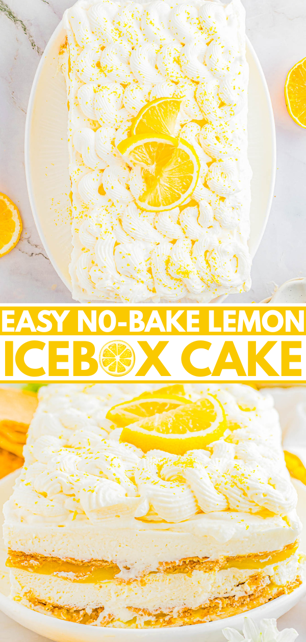 Rectangular no-bake lemon icebox cake topped with whipped cream, lemon slices, and lemon zest, served on a white plate with orange slices nearby.