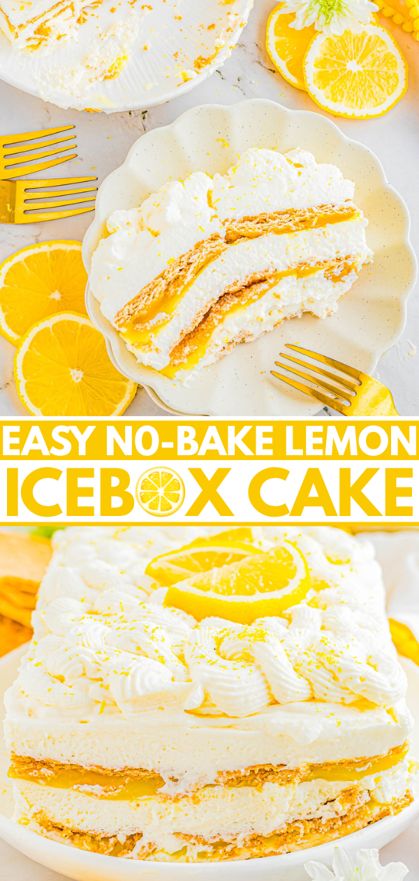 A slice of no-bake lemon icebox cake with layers of whipped cream and lemon filling is served on a plate, garnished with lemon slices and zest.