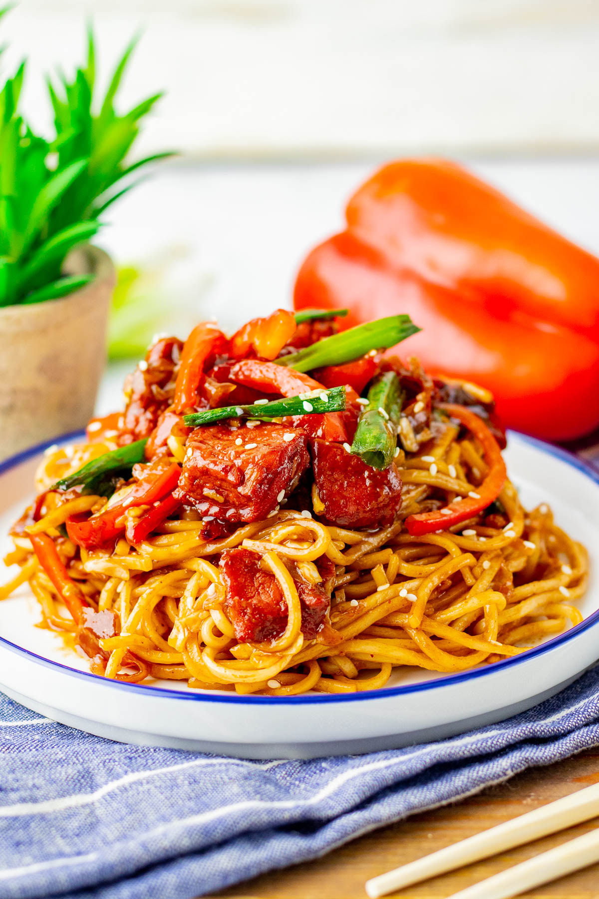 A plate of stir-fried noodles topped with vegetables and pieces of meat, garnished with sesame seeds, with a red bell pepper and plant in the background.