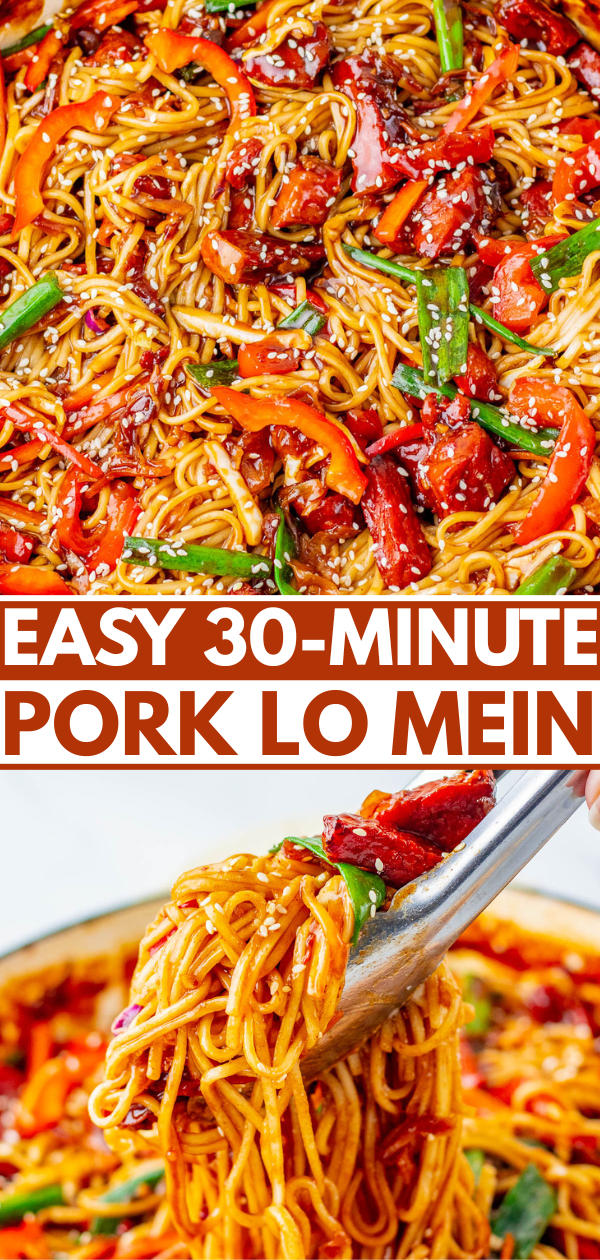 A close-up of pork lo mein with noodles, sliced pork, bell peppers, and green onions, topped with sesame seeds. Text reads: