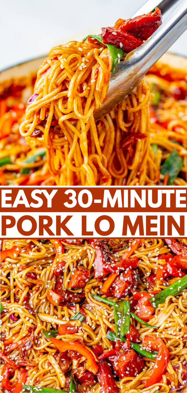 Chopsticks holding pork lo mein above a pan; noodles, pork, and vegetables visible. Text reads: