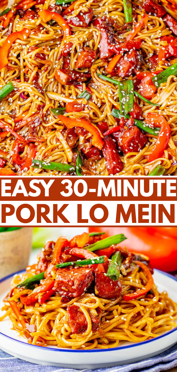 A plate of pork lo mein with vegetables and sesame seeds, featuring a text overlay that reads