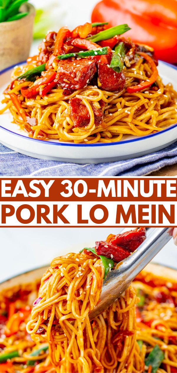 Plate of pork lo mein noodles with vegetables and sauce, garnished with sesame seeds; text overlay reads “Easy 30-Minute Pork Lo Mein.”.
