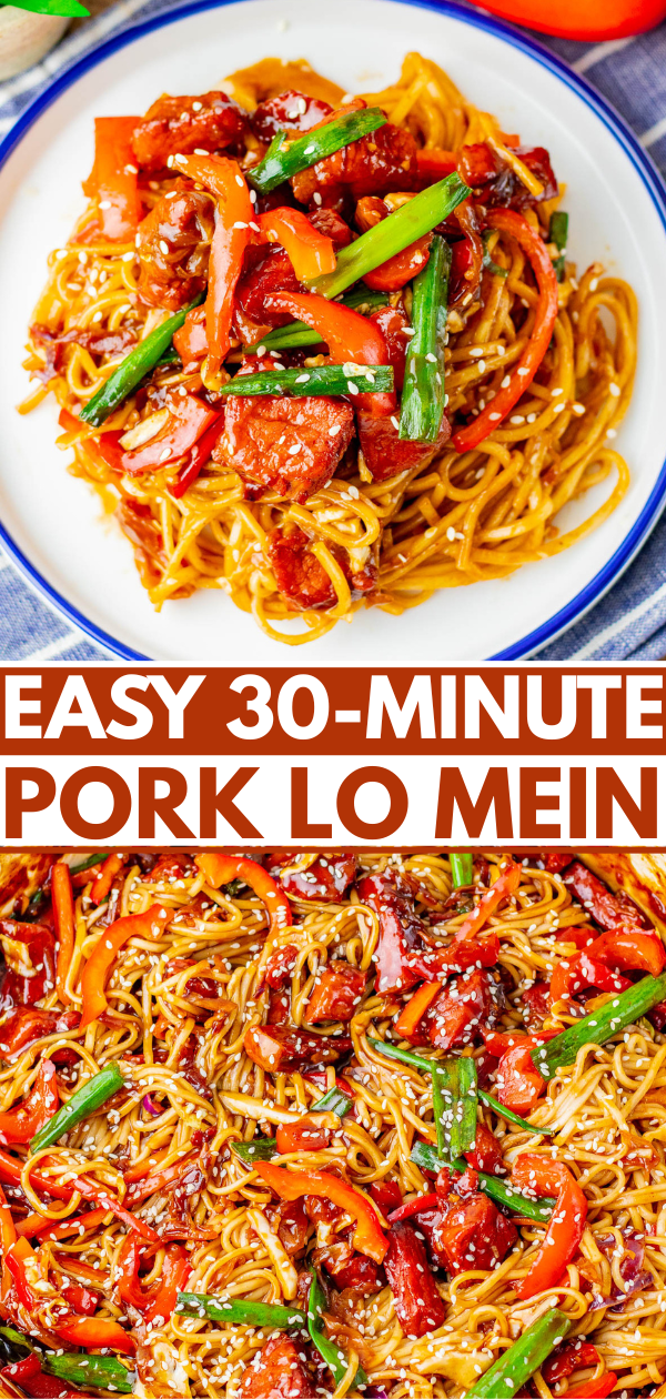A plate of pork lo mein topped with sliced pork, bell peppers, and green onions, shown above a close-up of the same noodles and vegetables. Text reads