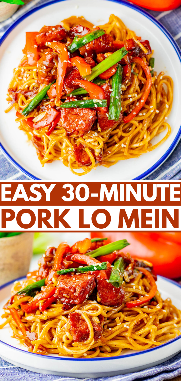 Top view and side view of a plate of pork lo mein with noodles, vegetables, and sliced pork, placed above text reading “Easy 30-Minute Pork Lo Mein.”.