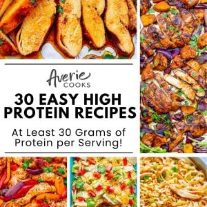 Collage of colorful, high-protein dishes including chicken, nachos, and noodles, with a text overlay promoting 30 easy recipes with at least 30 grams of protein per serving.