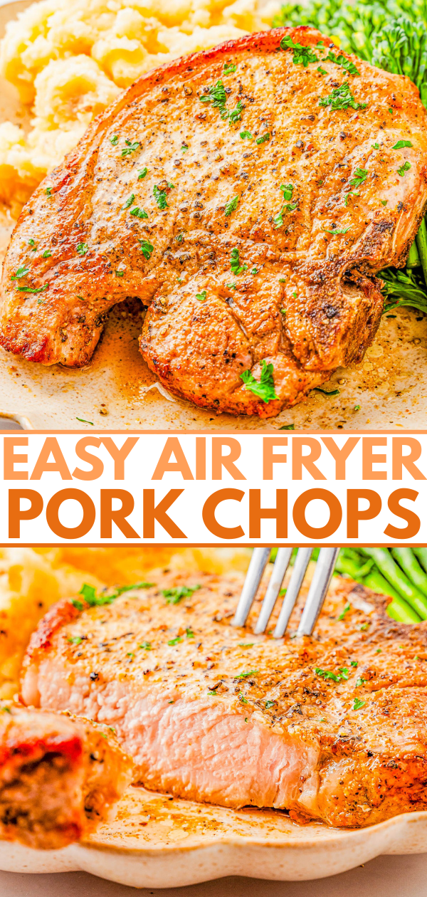 Two images of seasoned, cooked pork chops served with macaroni and green beans, with a fork cutting into one chop. Text reads: