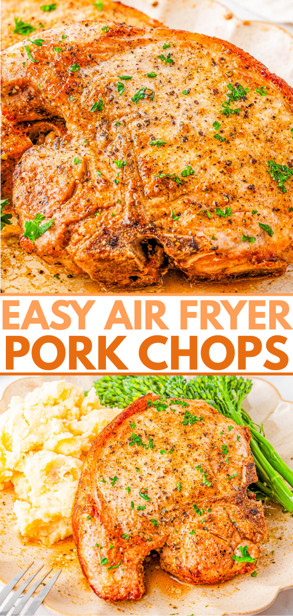 A seasoned, cooked pork chop garnished with parsley is served with mashed potatoes and green vegetables on a plate. Text reads,