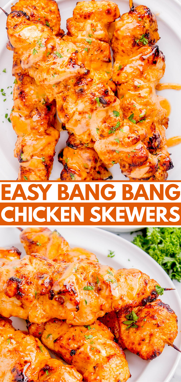 Grilled chicken skewers coated in an orange sauce are served on a white plate with herbs sprinkled on top. Text overlay reads: 