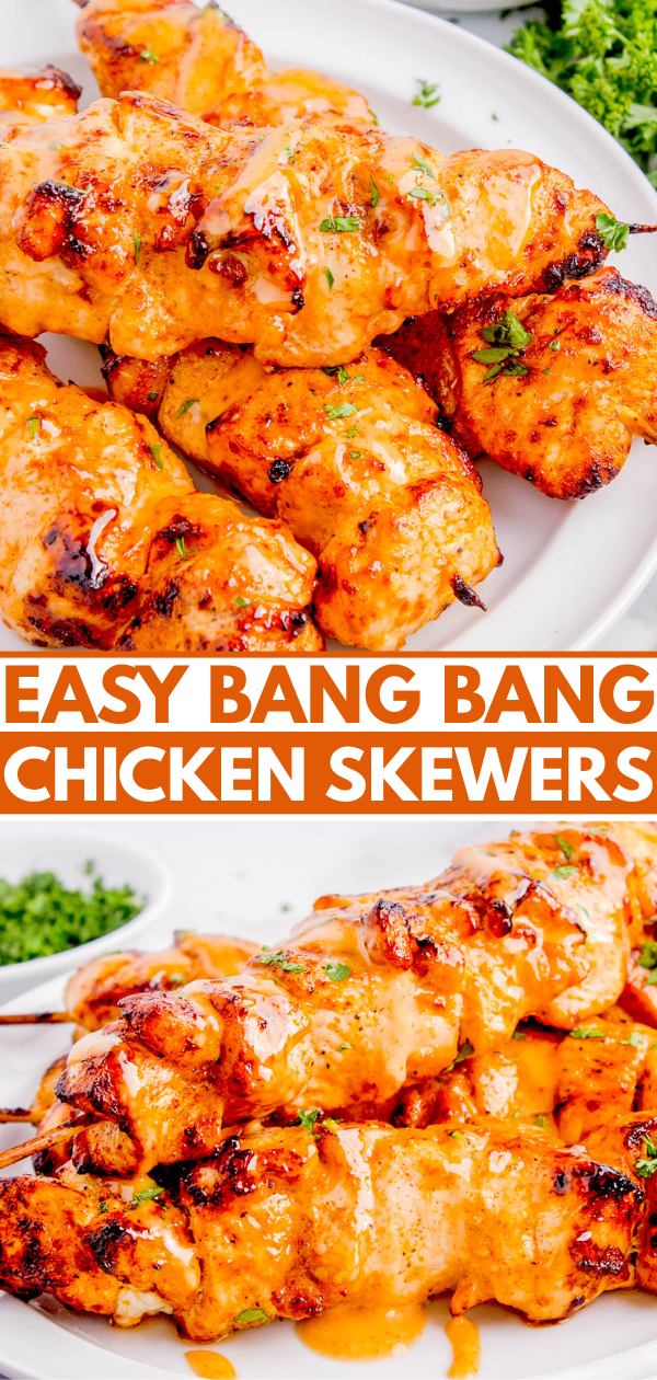 Grilled chicken skewers coated in a creamy orange sauce are served on white plates, garnished with chopped herbs. Text overlay reads 