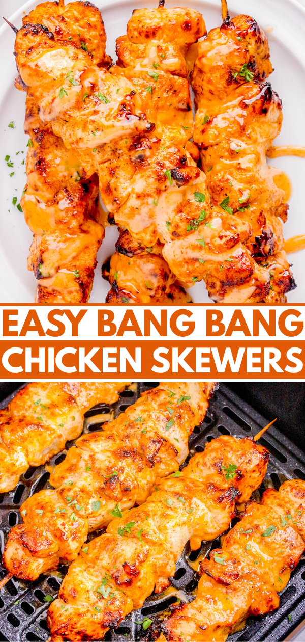 Grilled chicken skewers coated in a creamy orange sauce, served on a white plate and in an air fryer basket. Text reads 