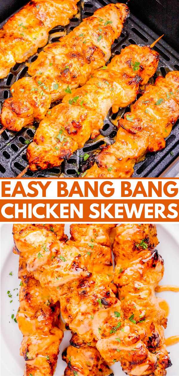 Grilled chicken skewers coated in an orange sauce, garnished with herbs, shown in an air fryer and served on a white plate. Text reads: 