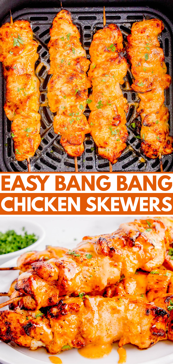 Chicken skewers cooked in an air fryer and served on a plate, topped with a creamy orange sauce. Text reads 