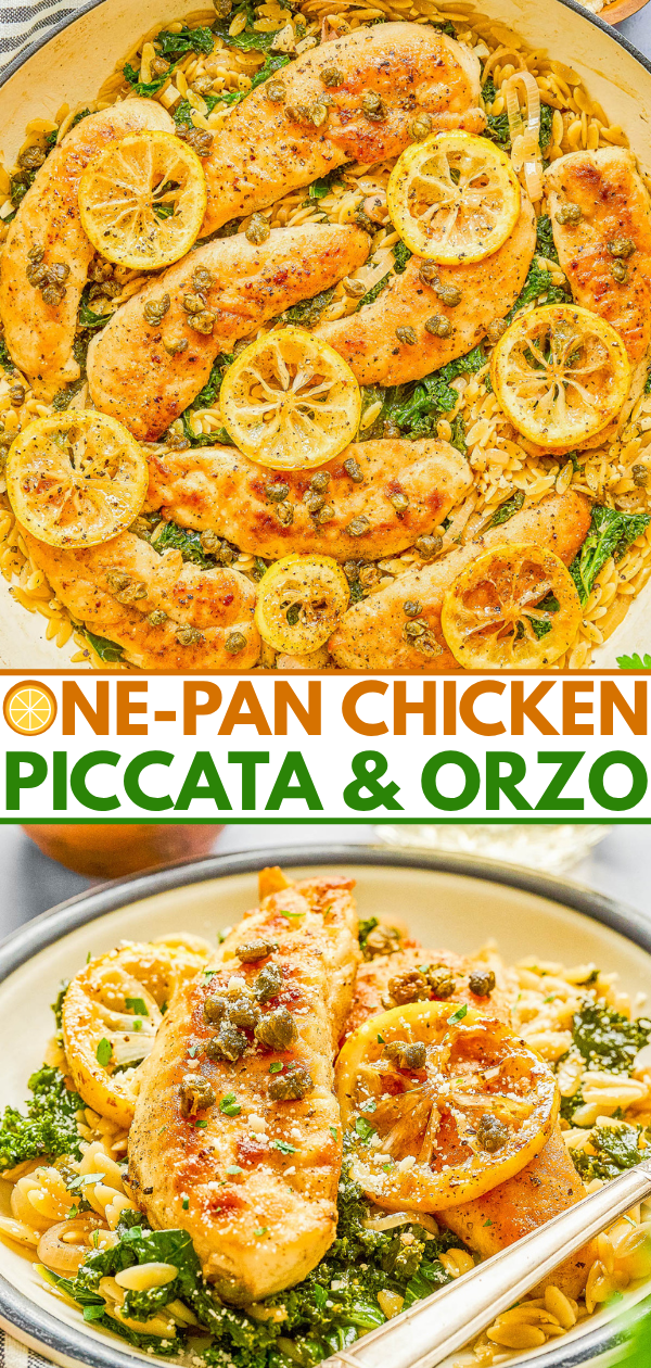 One-pan chicken piccata with lemon slices served over orzo pasta, garnished with capers and herbs, presented in a skillet and on a plate.