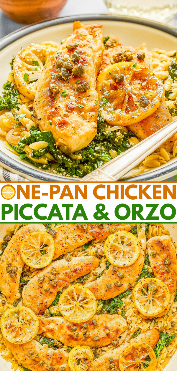 One-pan chicken piccata with lemon slices, capers, and orzo pasta served on a plate and in a skillet, garnished with fresh herbs.