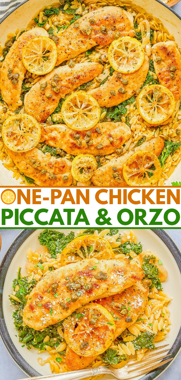 Chicken piccata with lemon slices served over orzo pasta and greens in a skillet and on a plate, with the text
